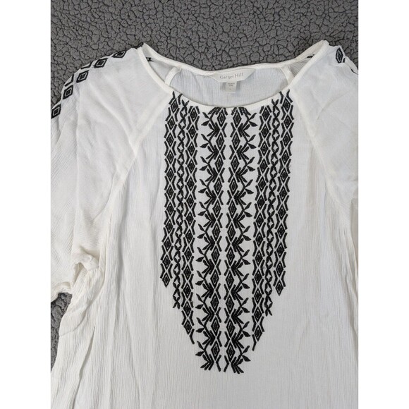 Garnet Hill Womens Size Large Blouse White Geometric 3/4 Sleeve Embroidered - Picture 3 of 8